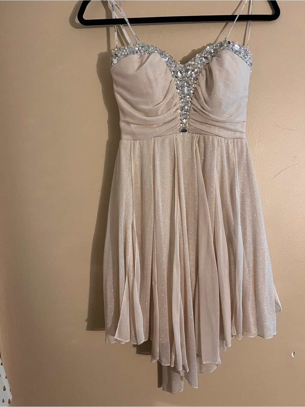 Xtraordinary Blush Beaded V-Neck Spaghetti Strap Prom Dress